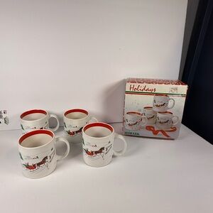 Himark 1986 Happy Holidays Set of 4 Mugs Sleigh Ride Coffee Cocoa Japan #16-6007